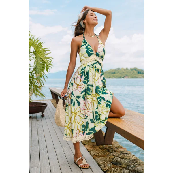 Robe longue florale à col plongeant sans manches