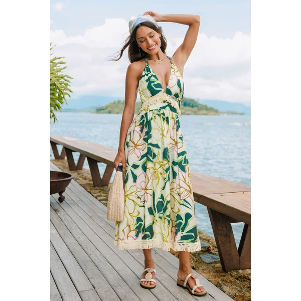 Robe longue florale à col plongeant sans manches