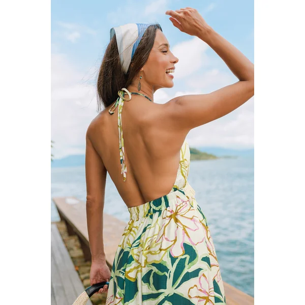 Robe longue florale à col plongeant sans manches