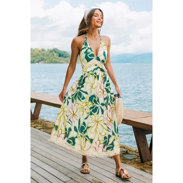 Robe longue florale à col plongeant sans manches