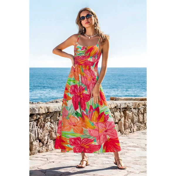 Robe longue florale à l’inspiration hibiscus