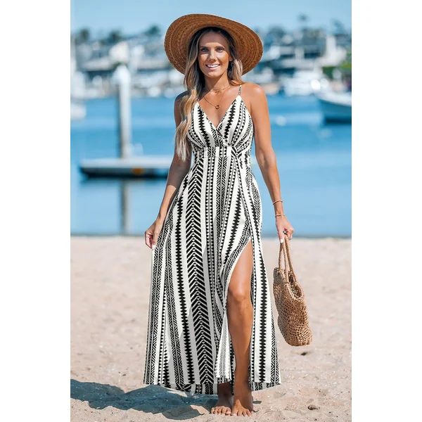 Robe longue géométrique col surplis sans manches