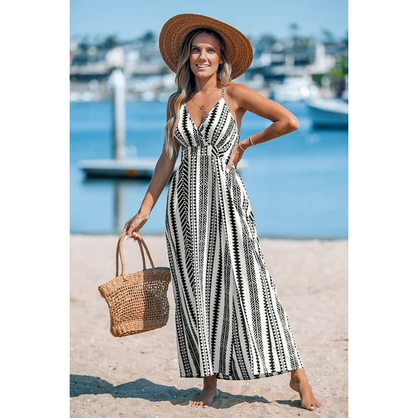 Robe longue géométrique col surplis sans manches