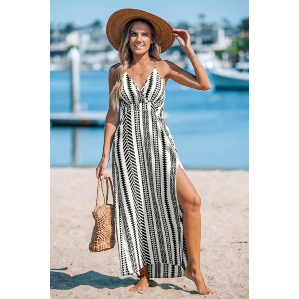 Robe longue géométrique col surplis sans manches
