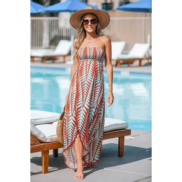 Robe longue géométrique smockée