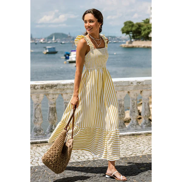 Robe longue jaune col carré