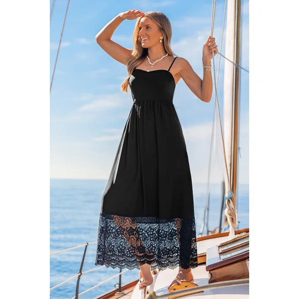 Robe longue noire ourlet en dentelle