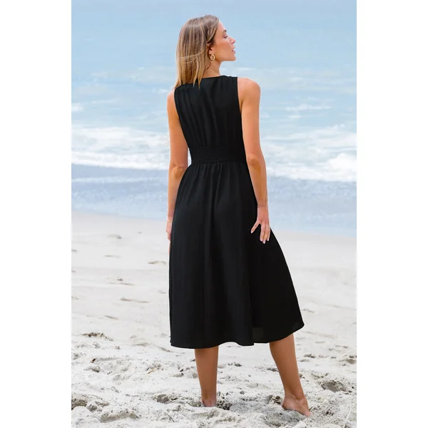 Robe longue noire sans manches taille cintrée