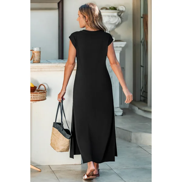 Robe longue noire tissée col rond sans manches