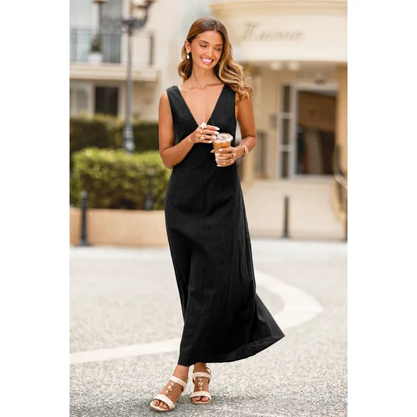 Robe longue noire tissée coupe sans manches