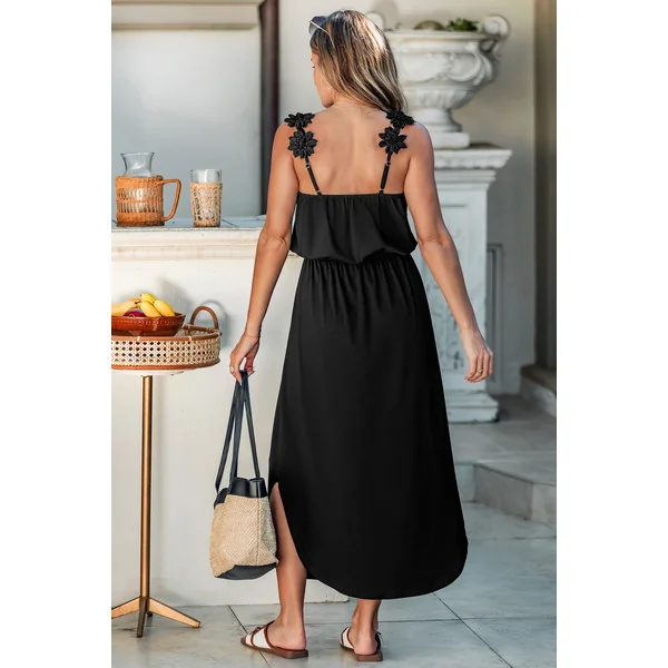 Robe longue noire tissée ourlet incurvé