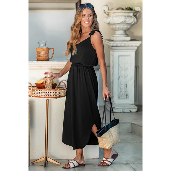 Robe longue noire tissée ourlet incurvé