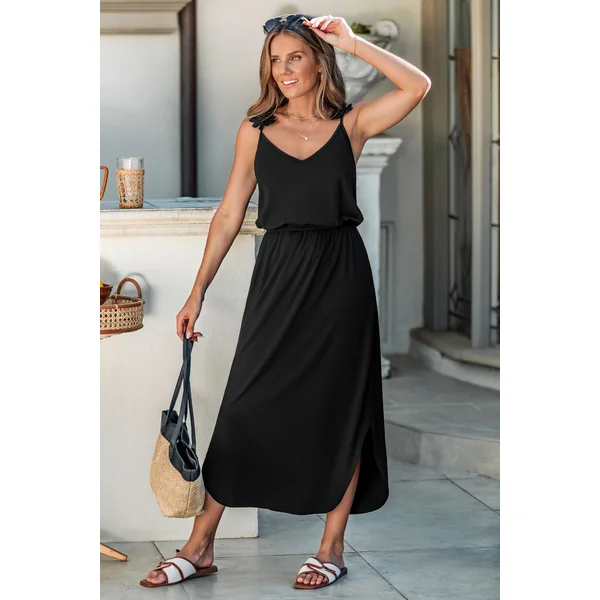 Robe longue noire tissée ourlet incurvé