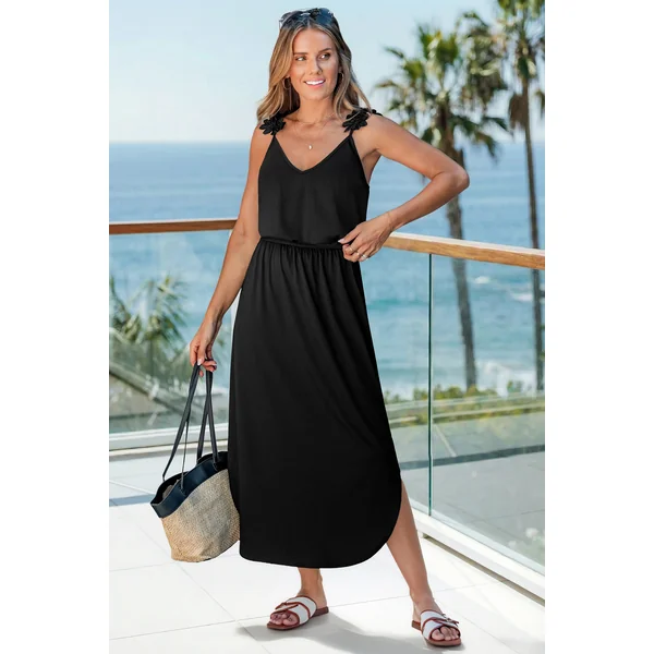 Robe longue noire tissée ourlet incurvé