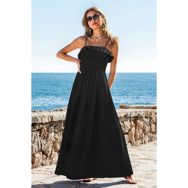 Robe longue noire tissée smockée col carré