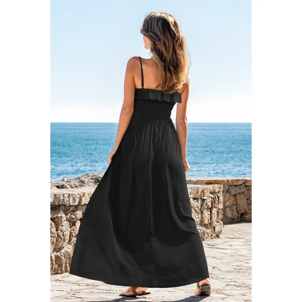 Robe longue noire tissée smockée col carré