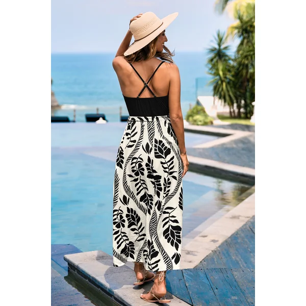 Robe longue noire tropicale sans manches
