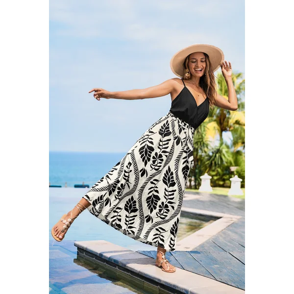 Robe longue noire tropicale sans manches