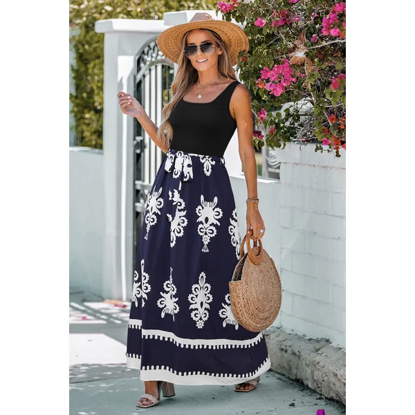 Robe longue ornée col carré nouer à la taille