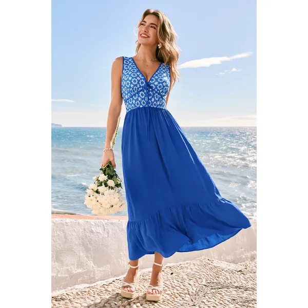 Robe longue ornée sans manches taille élastique