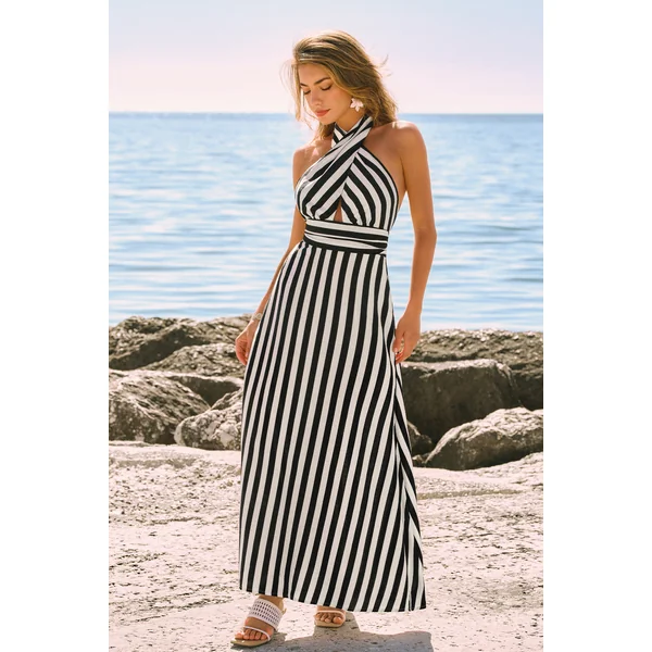 Robe longue rayée col haut à découpe
