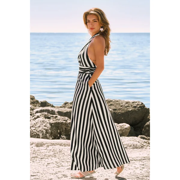 Robe longue rayée col haut à découpe