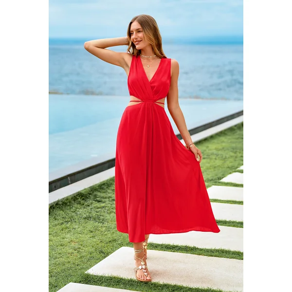 Robe longue rouge col cache-cœur