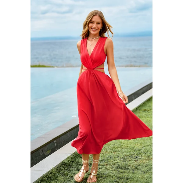 Robe longue rouge col cache-cœur