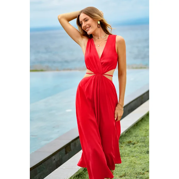 Robe longue rouge col cache-cœur