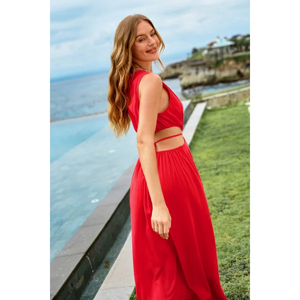 Robe longue rouge col cache-cœur