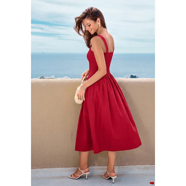 Robe longue rouge col carré
