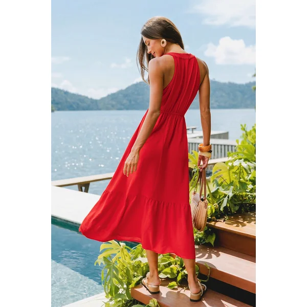 Robe longue rouge col cranté