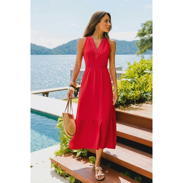 Robe longue rouge col cranté