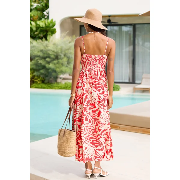 Robe longue rouge tropicale col cœur