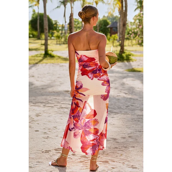 Robe longue ruchée florale col droit