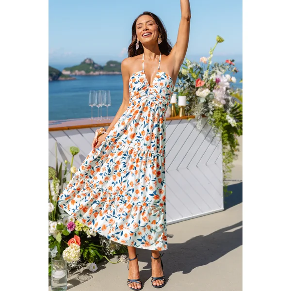 Robe longue tissée fleurie col plongeant