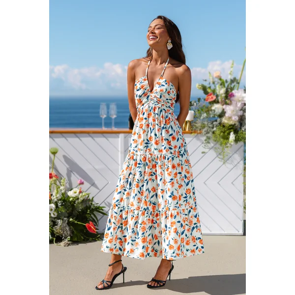Robe longue tissée fleurie col plongeant