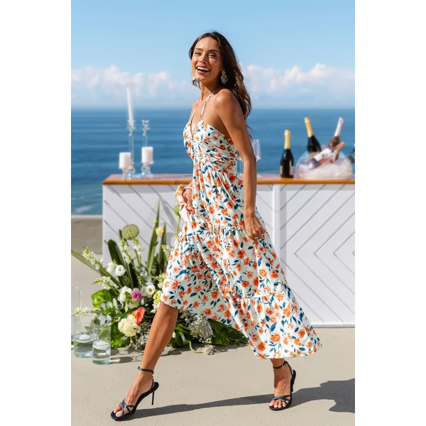Robe longue tissée fleurie col plongeant