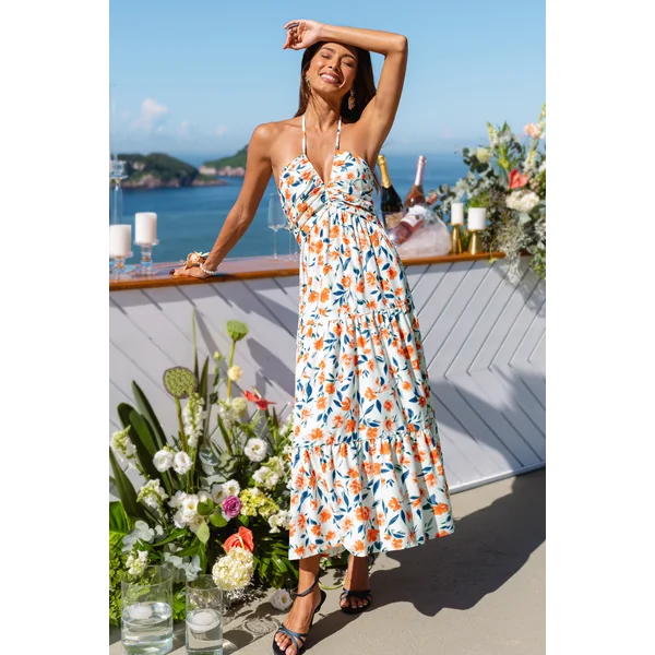 Robe longue tissée fleurie col plongeant