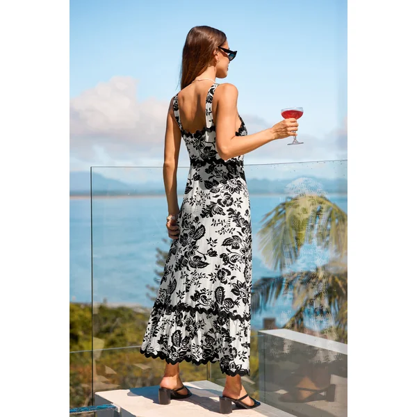 Robe longue tissée florale col carré sans manches