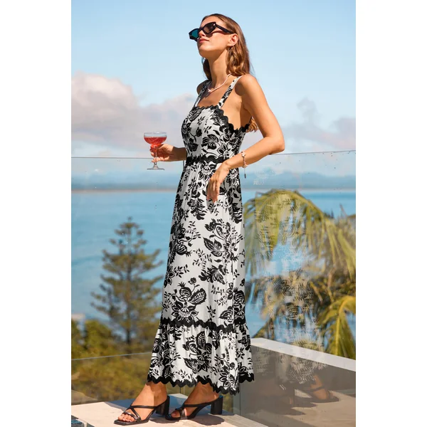 Robe longue tissée florale col carré sans manches