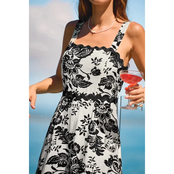 Robe longue tissée florale col carré sans manches