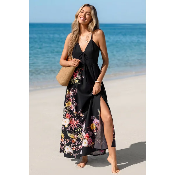 Robe longue tissée florale sans manches