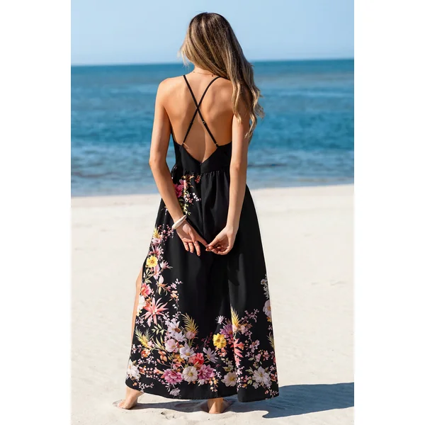 Robe longue tissée florale sans manches