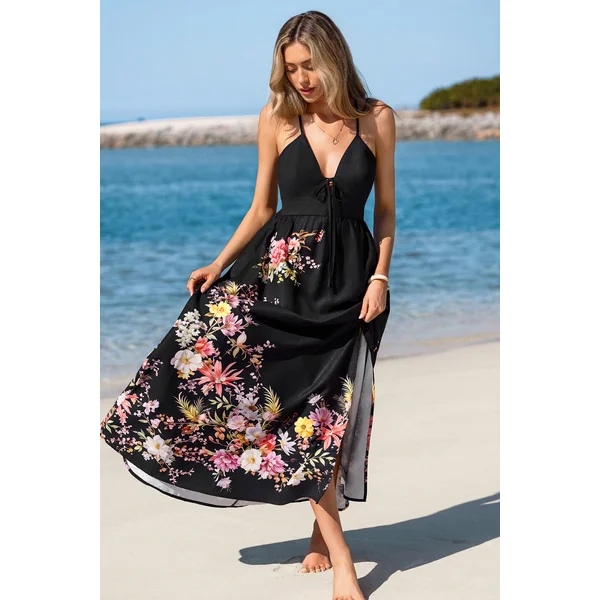 Robe longue tissée florale sans manches