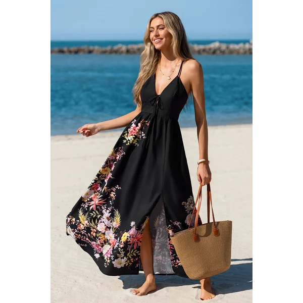 Robe longue tissée florale sans manches