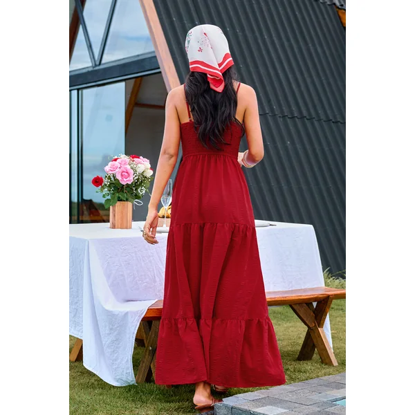 Robe longue tissée rouge col cœur