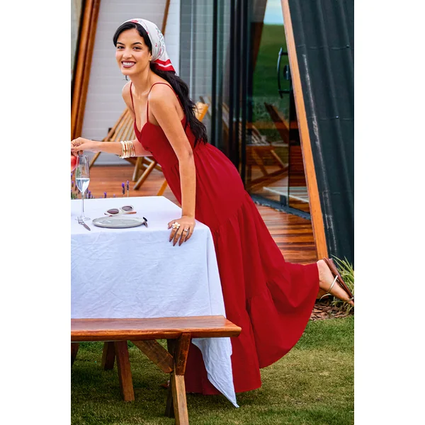Robe longue tissée rouge col cœur