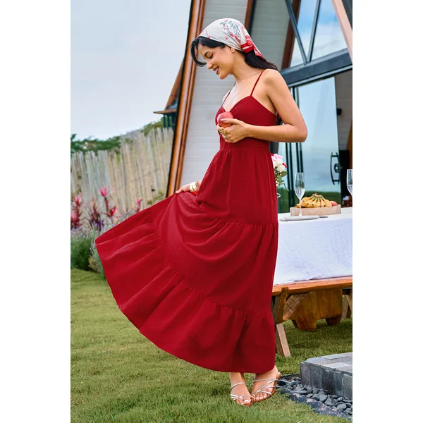 Robe longue tissée rouge col cœur