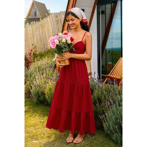 Robe longue tissée rouge col cœur